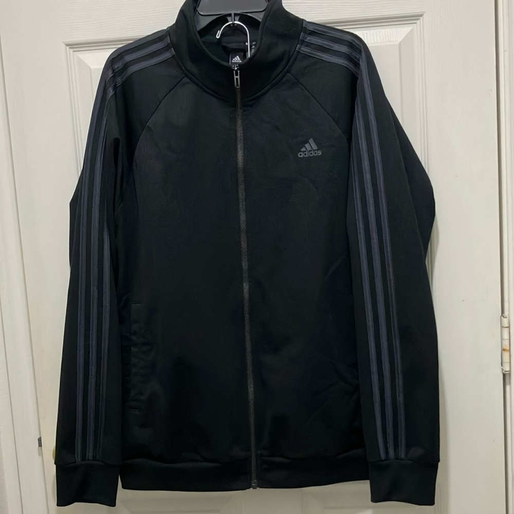 Adidas Black Rip Stop Track Jacket Warmup Sweatsuit Coat Lightweight Jogging EUC